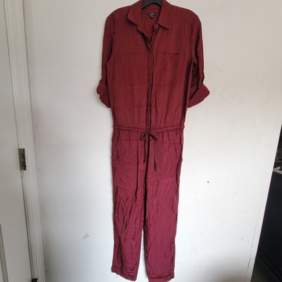 Ann Taylor Loft Burgundy Maroon Rolled Tab Long Pants One Piece Jumpsuit Size XS - Picture 1 of 17